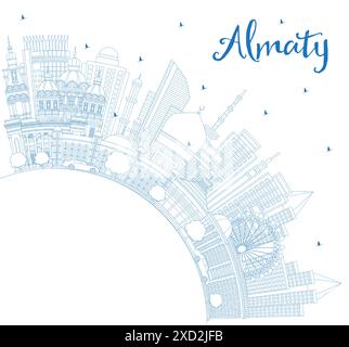 Delinea lo skyline della città di Almaty Kazakistan con edifici blu e spazio copia. Illustrazione vettoriale. Paesaggio urbano di Almaty con punti di riferimento. Viaggi d'affari e T Illustrazione Vettoriale