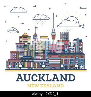 Delinea lo skyline della città di Auckland, nuova Zelanda, con edifici colorati moderni e storici isolati sul bianco. Illustrazione vettoriale. Paesaggio urbano di Auckland. Illustrazione Vettoriale