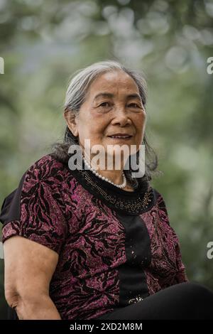 Ritratto di una donna anziana al parco. Donna asiatica anziana seduta su una panchina in un parco estivo. Una vecchia signora sorridente siede su una panchina del parco a Vinh Minh V. Foto Stock