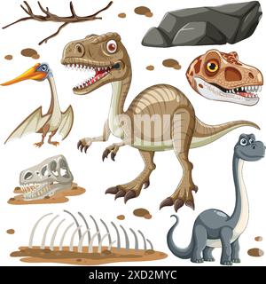 Vari dinosauri e fossili in una scena preistorica Illustrazione Vettoriale