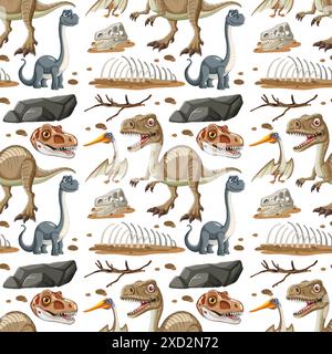 Dinosauri colorati e fossili in uno schema senza cuciture Illustrazione Vettoriale