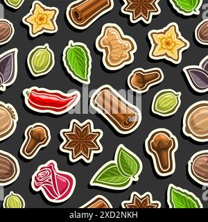 Motivo Vector Spice Seamless, sfondo decorativo con molte spezie naturali volanti per avvolgere carta o biancheria da letto, placca quadrata con Flat Lay org Illustrazione Vettoriale