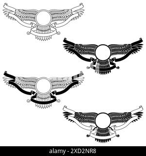 Disegno vettoriale del simbolo Faravahar, simbolo della religione zoroastriana, disco solare alato circondato da nastro Illustrazione Vettoriale