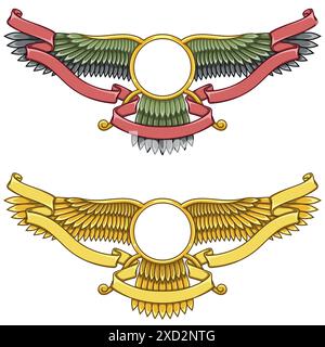 Disegno vettoriale del simbolo Faravahar, simbolo della religione zoroastriana, disco solare alato circondato da nastro Illustrazione Vettoriale