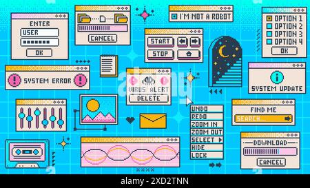 Interfaccia pagina y2k finestra computer retro. Desktop pc Vector rave Blue con messaggio di avviso virus, equalizzatore, cassetta, barra di download, aggiornamento del sistema e opzioni, pulsanti di controllo menu in vecchio stile anni '2000 Illustrazione Vettoriale