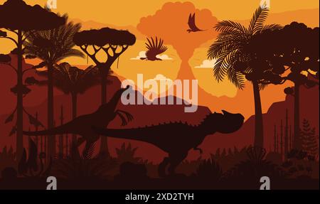 Sagome di dinosauri preistorici sul paesaggio del tramonto. Scena vettoriale mozzafiato con gli antichi uccelli volanti, le ombre di oviraptor e allosaurus vagano al vivido tramonto sullo sfondo con la lussureggiante vegetazione della giungla Illustrazione Vettoriale