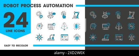 Icona della linea RPA, segnali lineari vettoriali robot Process Automation. Robotica, intelligenza artificiale e moderna tecnologia innovativa, apprendimento automatico e chatbot. Simboli di contorno in blu e nero Illustrazione Vettoriale