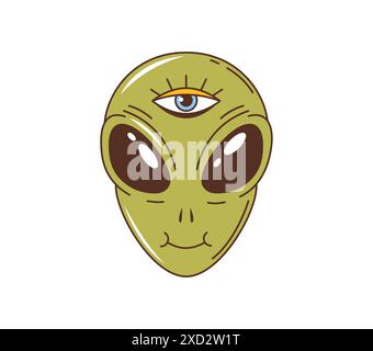Il volto o la testa di un personaggio alieno dallo stile retrò con un solo occhio centrato, occhi scuri sovradimensionati e un sorriso giocoso. Cartoon isolato, extraterrestre et personage adatto ai vettori, con pelle verde Illustrazione Vettoriale