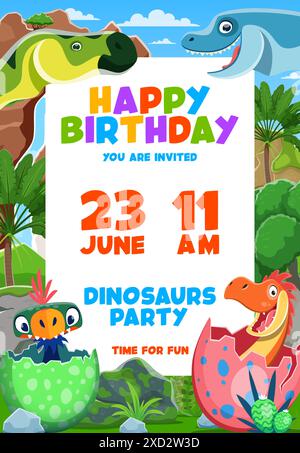 Volantino della festa di compleanno dei bambini con cartoni animati, bambini in uova per poster di invito, sfondo vettoriale. Volantino per eventi di compleanno e feste in famiglia con simpatici dinosauri del Jurassic Park Illustrazione Vettoriale