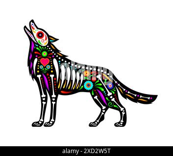 Tatuaggio messicano di coyote animale, giorno del teschio di zucchero morto. Lupo ulululato selvatico vettoriale isolato o figura animale coyote con motivi tradizionali colorati e ossa di scheletro, che celebrano la festa della morte messicana Illustrazione Vettoriale
