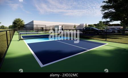 Campo da picchetto con superficie di gioco blu e sfondo verde sui lati e rendering 3D delle linee di base Foto Stock