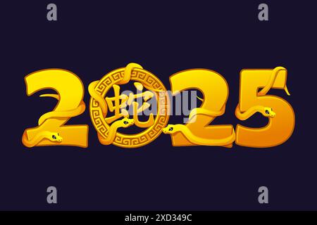 Capodanno cinese 2025 del serpente. Testo dorato 2025 con serpenti Illustrazione Vettoriale