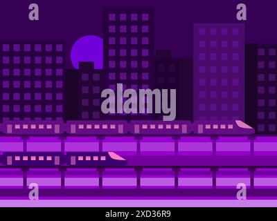 Paesaggio urbano con treni e condomini. Vista notturna della città dal lato della ferrovia. City design notturno per manifesti, striscioni, copertine e promozioni Illustrazione Vettoriale