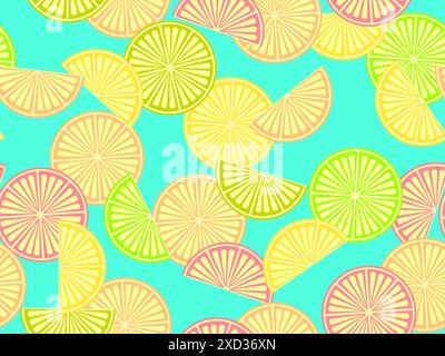 Fette di limone con motivo senza cuciture. Fette di ​​lemon a fette in stile minimalista in diversi colori, un motivo rinfrescante. Design per sfondi, stampa, Illustrazione Vettoriale