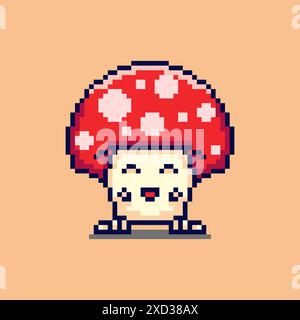 Illustrazione vettoriale del simpatico personaggio dei funghi con Pixel Art Design, perfetta per i design a tema delle risorse di gioco Illustrazione Vettoriale