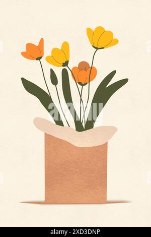 Delicata illustrazione minimalista che mostra un bouquet di fiori gialli e arancioni stilizzati che emerge da un sacchetto di carta, ideale per l'arredamento e la creatività moderni Foto Stock