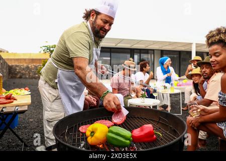 Gruppi diversi di amici che amano la musica e un barbecue all'aperto. Un uomo grigia carne e verdure mentre i partecipanti multietnici si impegnano in una conversazione. Tutti Foto Stock