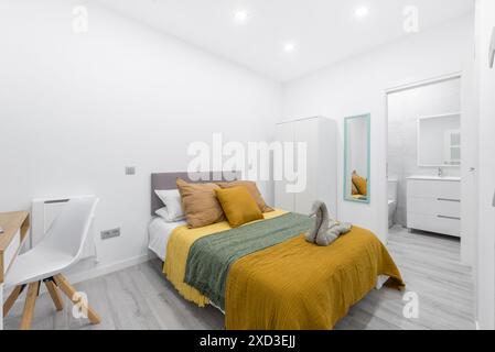 Questa invitante camera da letto sfoggia un design moderno con una struttura grigia, lenzuola multicolore e un elegante guardaroba bianco. Scrivania e grande accesso wi-fi a internet Foto Stock