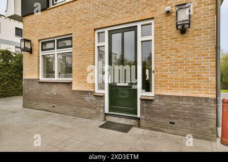 Una vista esterna di una casa con pareti in mattoni e finiture bianche sulla porta d'ingresso, finestre in vetro verde e persiane nere Foto Stock