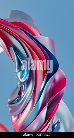 Questa immagine presenta una sofisticata visualizzazione 3D delle onde tessili in più strati, con un'interazione uniforme di colori blu, rosso e rosa e creat Foto Stock