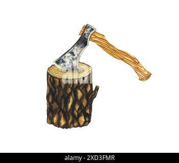 Acquerello in ceppo di legno. Strumenti da falegname dipinti a mano per campeggio forestale, ascia a mano per escursionismo con manico in legno, isolata Foto Stock