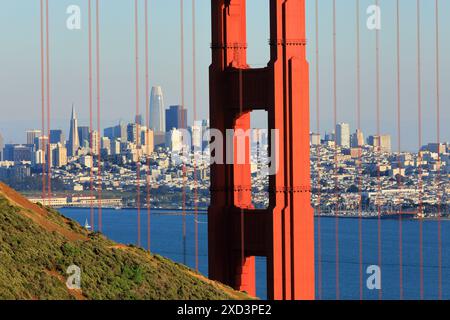 Geografia / viaggi, Stati Uniti, California, San Francisco, Golden Gate Bridge e skyline di San Francisco, ULTERIORI DIRITTI-INFORMAZIONI-NON-DISPONIBILI Foto Stock