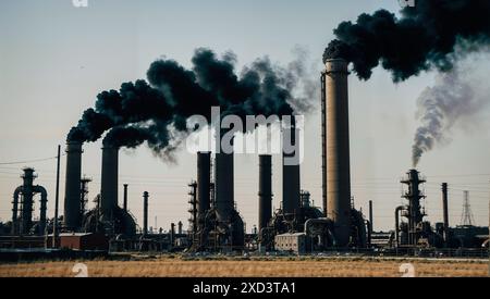 Tubi di fabbrica con fumo nero in uscita Foto Stock