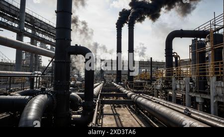 Tubi di fabbrica con fumo nero in uscita Foto Stock