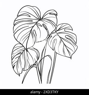 Monstera in bianco e nero lascia un'illustrazione line art. Elegante disegno minimale di piante tropicali foglie isolate sullo sfondo Illustrazione Vettoriale