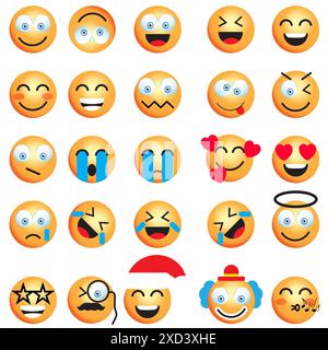 Set di emoticon, icone Smiley Face isolate su uno sfondo bianco Illustrazione Vettoriale