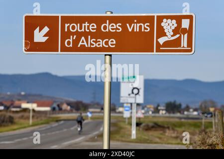 Geografia / viaggi, Francia, Alsazia, insegna strada del vino alsaziano a Eguisheim, Département Haut-Rhin, ULTERIORI DIRITTI-AUTORIZZAZIONE-INFO-NON-DISPONIBILE Foto Stock