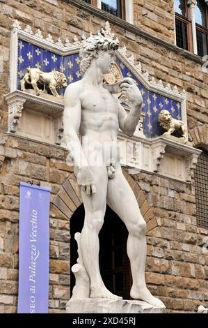 Toscana, Italia, Europa, replica della statua del David di fronte a Palazzo Vecchio, marmo, arte rinascimentale e facciate decorative, Firenze Foto Stock