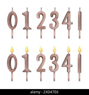 Una serie di candele di numeri con una fiamma da zero a quattro di colore marrone. Illustrazione acquerello isolata su sfondo bianco. Numerazione, compleanno Foto Stock