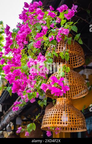 Facciata di una casa decorata con fiori di bouganville. Facciata dall'architettura esterna con fiori di bouganville rosa. Fiori rosa in fiore Foto Stock