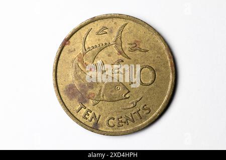 Rupia 10c Rupia delle Seychelles su sfondo bianco Foto Stock