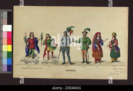 Altwiener Mandlbogen - Theaterfiguren (Blatt Nr. 169, Oberon), aus der serie 'Theater-Costumes' Matthäus Trentsensky (1790-1868), editore Wien Museum, Scan, attore (sul palco) intorno al 1832-1860 Foto Stock