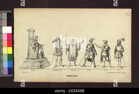 Altwiener Mandlbogen - Theaterfiguren (Blatt Nr. 103, Griseldis), aus der serie 'Theater Costumes' Matthäus Trentsensky (1790-1868), editore Wien Museum, Scan, attore (sul palco) intorno al 1836 Foto Stock