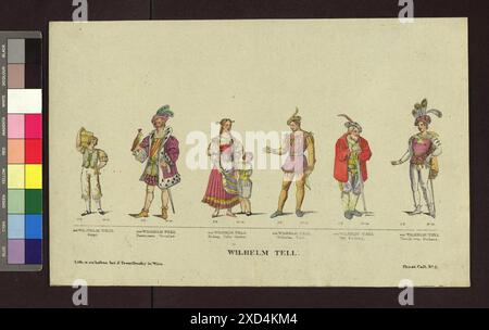 Altwiener Mandlbogen - Theaterfiguren (Blatt Nr. 3, Wilhelm Tell), aus der serie 'Theater-Costumes' Joseph Trentsensky (1794-1839), editore Wien Museum, Scan, attore (sul palco) intorno al 1830 Foto Stock