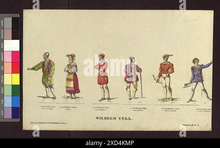 Altwiener Mandlbogen - Theaterfiguren (Blatt Nr. 2, Wilhelm Tell), aus der serie 'Theater-Costumes' Joseph Trentsensky (1794-1839), editore Wien Museum, Scan, attore (sul palco) intorno al 1830 Foto Stock