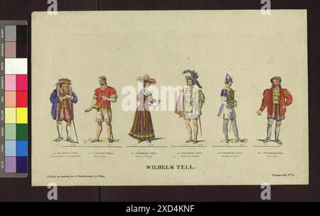 Altwiener Mandlbogen - Theaterfiguren (Blatt Nr. 2, Wilhelm Tell), aus der serie 'Theater-Costumes' Joseph Trentsensky (1794-1839), editore Wien Museum, Scan, attore (sul palco) intorno al 1830 Foto Stock