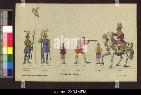 Altwiener Mandlbogen - Theaterfiguren (Blatt Nr. 4, Wilhelm Tell), aus der serie 'Theater-Costumes' Joseph Trentsensky (1794-1839), editore Wien Museum, Scan, attore (sul palco) intorno al 1830 Foto Stock