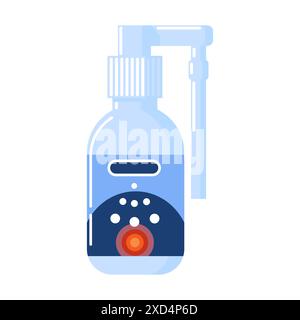 Medicina per il mal di gola. Soluzione antisettica locale in flacone spray con cannula. Malattia, punto dolente. Illustrazione vettoriale in stile piatto. Inflam Illustrazione Vettoriale