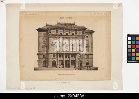 1., Schwarzenbergplatz 17 (ehem. Nr. 6) - Wertheimpalais (Wiener Bauten-album Blatt 83, Beilage zur 'Wiener Bauindustrie-Zeitung') sconosciuto, fotografo TimTom, palais/Palace, illuminazione stradale, posa passante, veicolo a quattro ruote, trainato da animali, ad esempio: cabina, carrozza, carrozza, Palais Wertheim, Schwarzenbergplatz 1884 Foto Stock