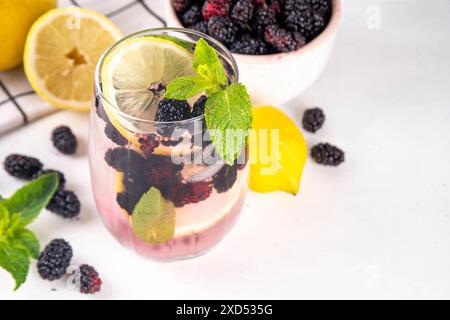 Cocktail alla limonata di gelso o mojito, rinfrescante bevanda estiva fredda ghiacciata con limone, menta e molti frutti di gelso freschi Foto Stock