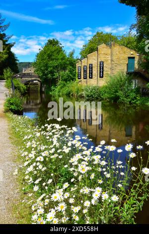 Hebden Bridge Little Theatre e Back Pit Lock si riflettono nel Rochdale Canal, Hebden Bridge, Calderdale, West Yorkshire Foto Stock