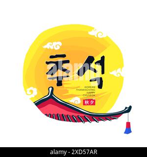 Felice arte coreana di design per le vacanze Chuseok. Festa del giorno del Ringraziamento della Corea Hangawi e festival del raccolto di metà autunno. Tetto hanok tradizionale asiatico, lanterna orientale a luna piena. Traduzione: Chuseok Illustrazione Vettoriale