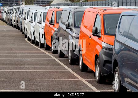 Oltre 100 nuovi furgoni Ford Transit Custom, parte di una spedizione di importazione parcheggiata in un'area di deposito veicoli in un porto della costa meridionale del Regno Unito, aprile 2024. Foto Stock