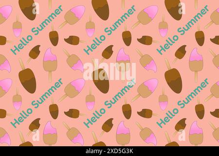 Un motivo allegro e vivace con colorate papaveri da gelato eschimese con testo Hello Summer. Sfondo rosa. Perfetto per i design estivi. Illustrazione Vettoriale