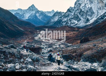 Gruppo di escursionisti che fanno trekking sulle montagne dell'Himalaya attraverso il ghiacciaio e il passo Cho la. A Gokyo Ri. Guida maschile nepalese che conduce il cliente turistico a Sagarmat Foto Stock