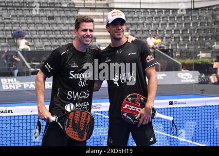 Paquito Navarro e Juan Lebron gareggiano nel Round of 16 della BNL Italia Major Premier Padel al foro Italico di Roma il 20 luglio 2024 Foto Stock